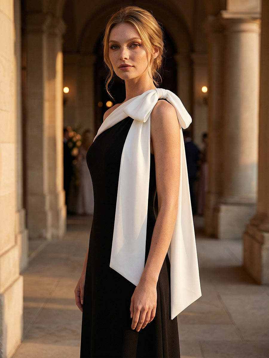 Color=Ivory-Black | B2B-Exclusive Asymmetrical Sleeveless High Stretch Sheath Floor Length Wedding Guest Dress-Ivory-Black 10