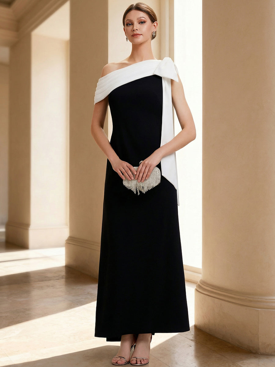 Color=Ivory-Black | B2B-Exclusive Asymmetrical Sleeveless High Stretch Sheath Floor Length Wedding Guest Dress-Ivory-Black 12