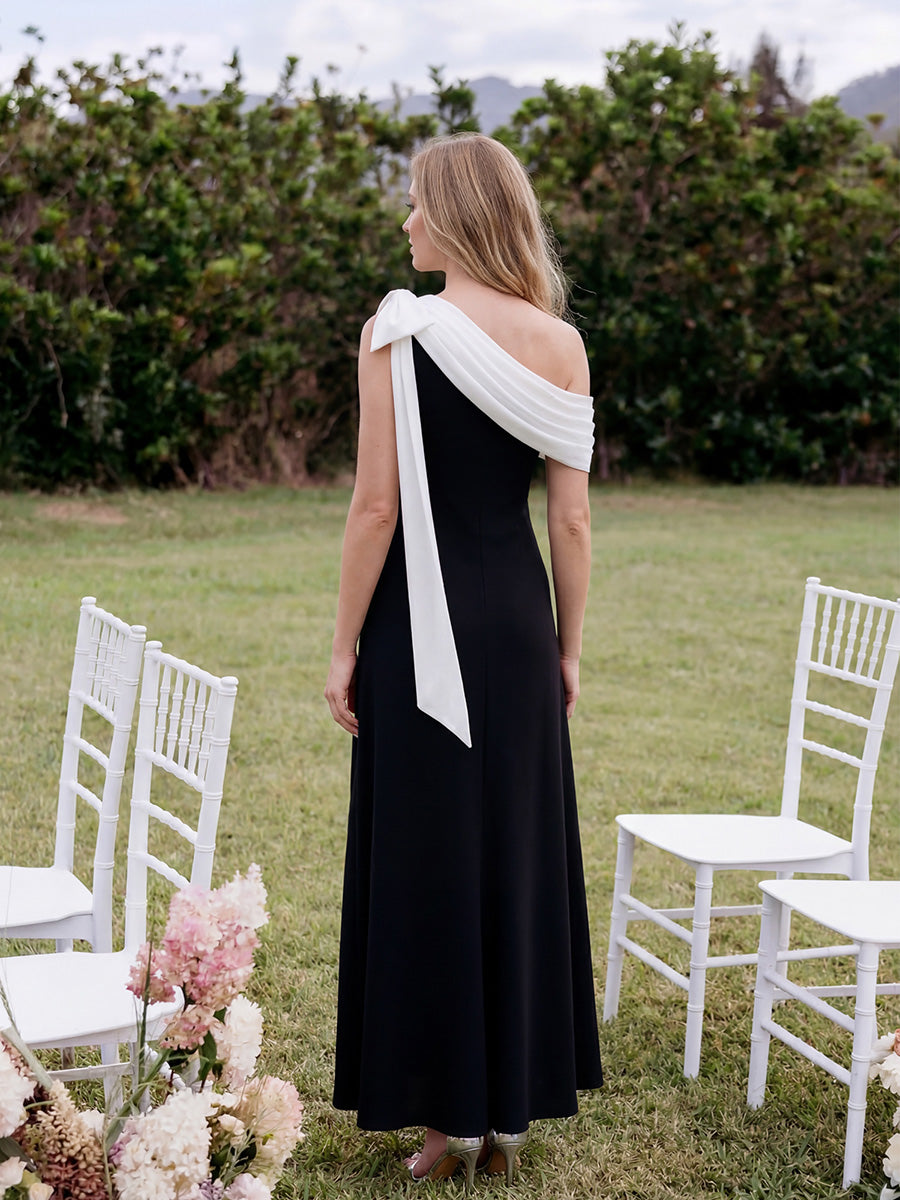 Color=Ivory-Black | B2B-Exclusive Asymmetrical Sleeveless High Stretch Sheath Floor Length Wedding Guest Dress-Ivory-Black 14