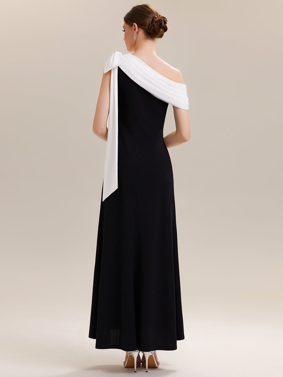 Color=Ivory-Black | B2B-Exclusive Asymmetrical Sleeveless High Stretch Sheath Floor Length Wedding Guest Dress-Ivory-Black 7