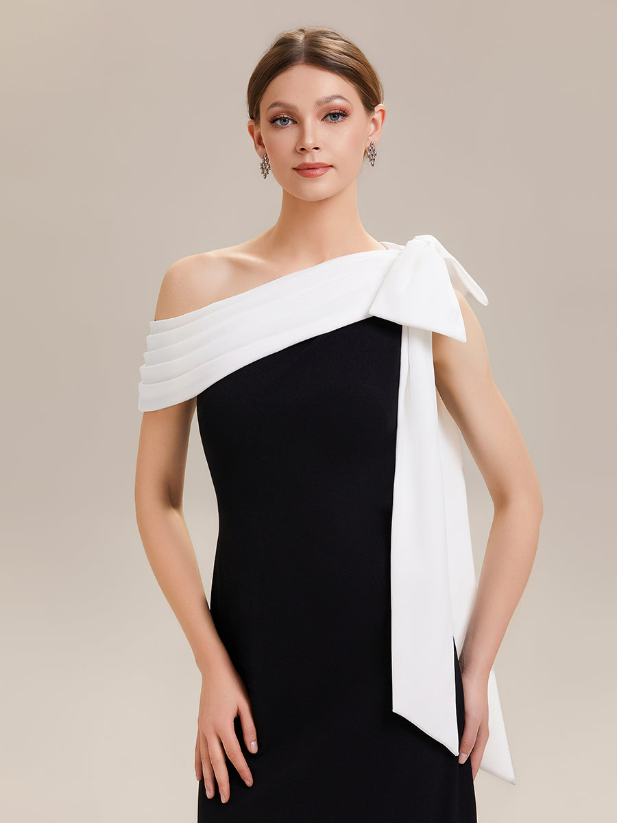 Color=Ivory-Black | B2B-Exclusive Asymmetrical Sleeveless High Stretch Sheath Floor Length Wedding Guest Dress-Ivory-Black 8