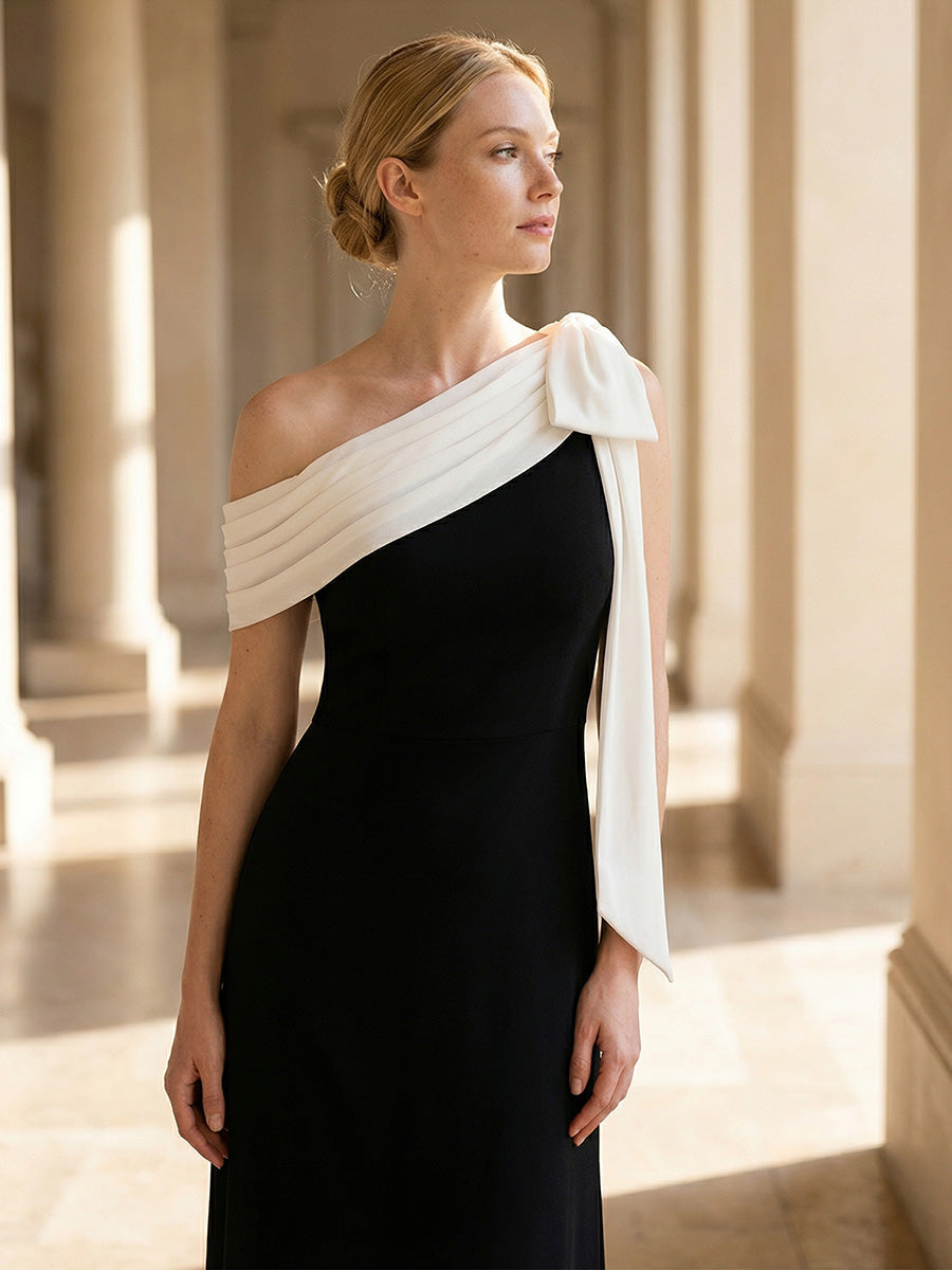 Color=Ivory-Black | B2B-Exclusive Asymmetrical Sleeveless High Stretch Sheath Floor Length Wedding Guest Dress-Ivory-Black 8
