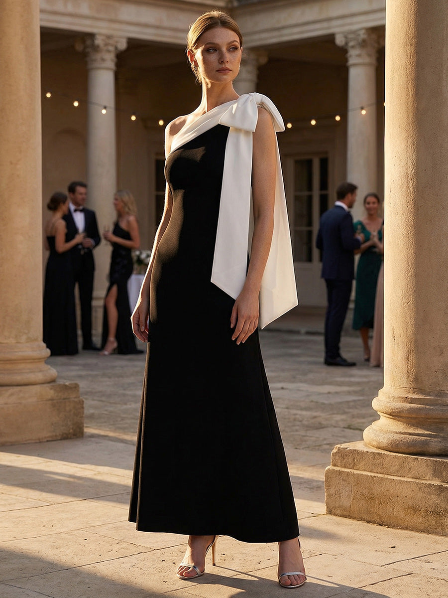 Color=Ivory-Black | B2B-Exclusive Asymmetrical Sleeveless High Stretch Sheath Floor Length Wedding Guest Dress-Ivory-Black 9