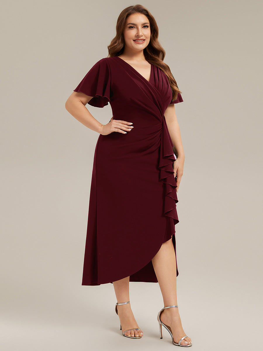 Color=Burgundy | Volume Discounts Short Sleeve Ruffle Deep V-Neck Bodycon Maxi Wedding Guest Dresses-Burgundy 9
