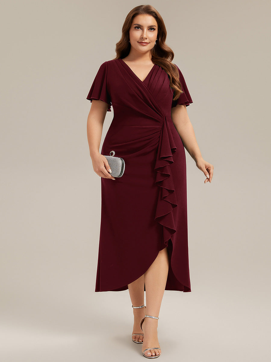 Color=Burgundy | Volume Discounts Short Sleeve Ruffle Deep V-Neck Bodycon Maxi Wedding Guest Dresses-Burgundy 10