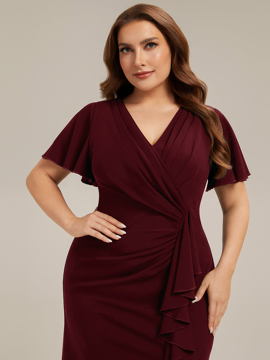 Color=Burgundy | Volume Discounts Short Sleeve Ruffle Deep V-Neck Bodycon Maxi Wedding Guest Dresses-Burgundy 8