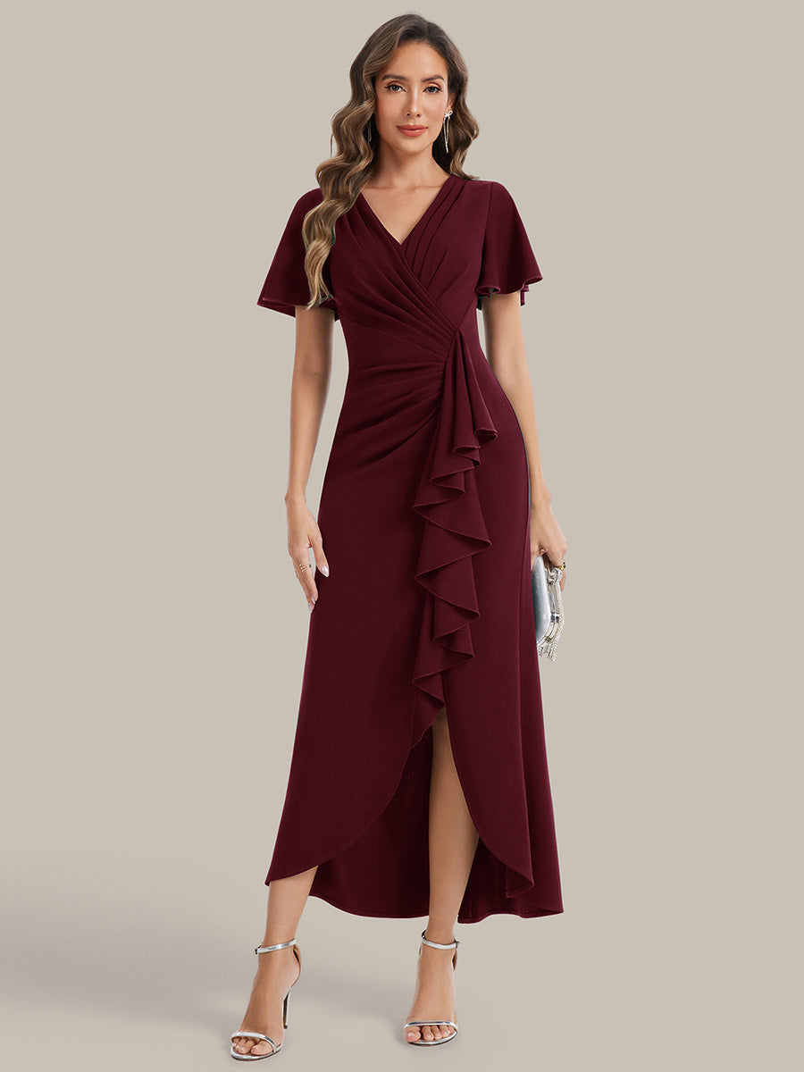 Color=Burgundy | Volume Discounts Short Sleeve Ruffle Deep V-Neck Bodycon Maxi Wedding Guest Dresses-Burgundy 5