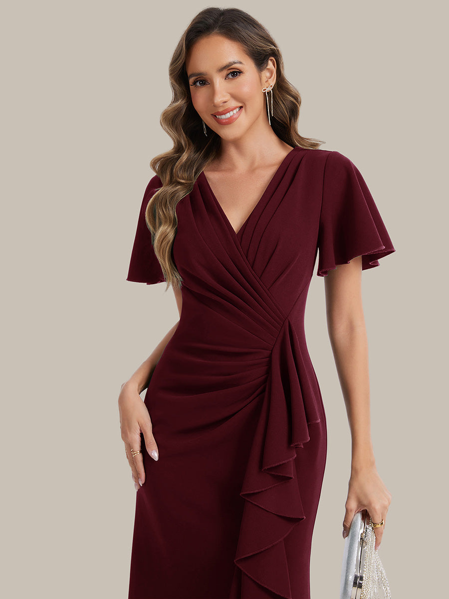 Color=Burgundy | Volume Discounts Short Sleeve Ruffle Deep V-Neck Bodycon Maxi Wedding Guest Dresses-Burgundy 3