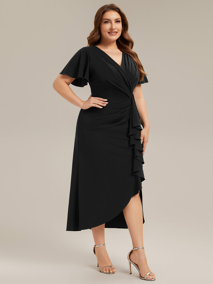 Color=Black | Fast Delivery Short Sleeve Ruffle Deep V-Neck Bodycon High-Low Wedding Guest Dresses-Black 9