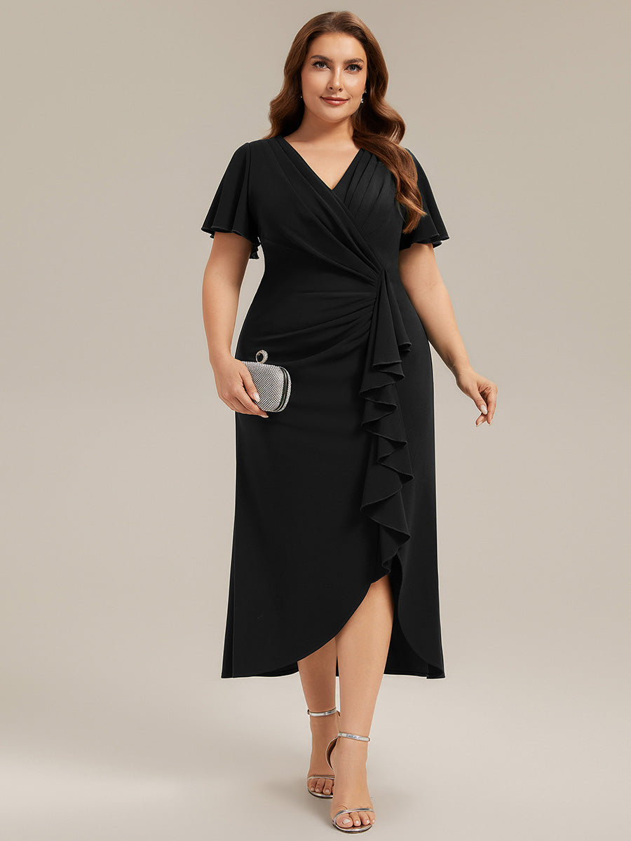 Color=Black | Fast Delivery Short Sleeve Ruffle Deep V-Neck Bodycon High-Low Wedding Guest Dresses-Black 10