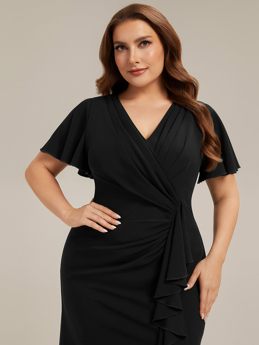 Color=Black | Fast Delivery Short Sleeve Ruffle Deep V-Neck Bodycon High-Low Wedding Guest Dresses-Black 8
