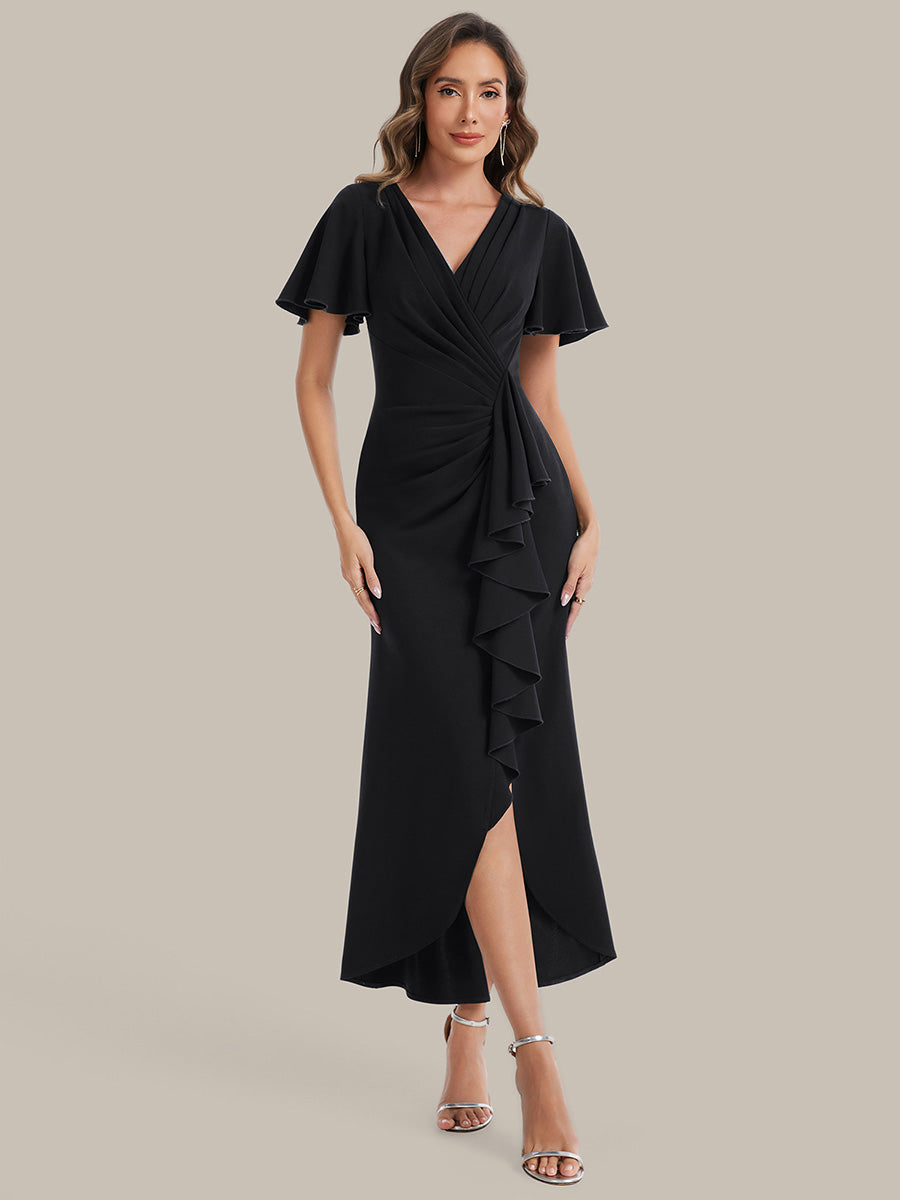Color=Black | Fast Delivery Short Sleeve Ruffle Deep V-Neck Bodycon High-Low Wedding Guest Dresses-Black 1