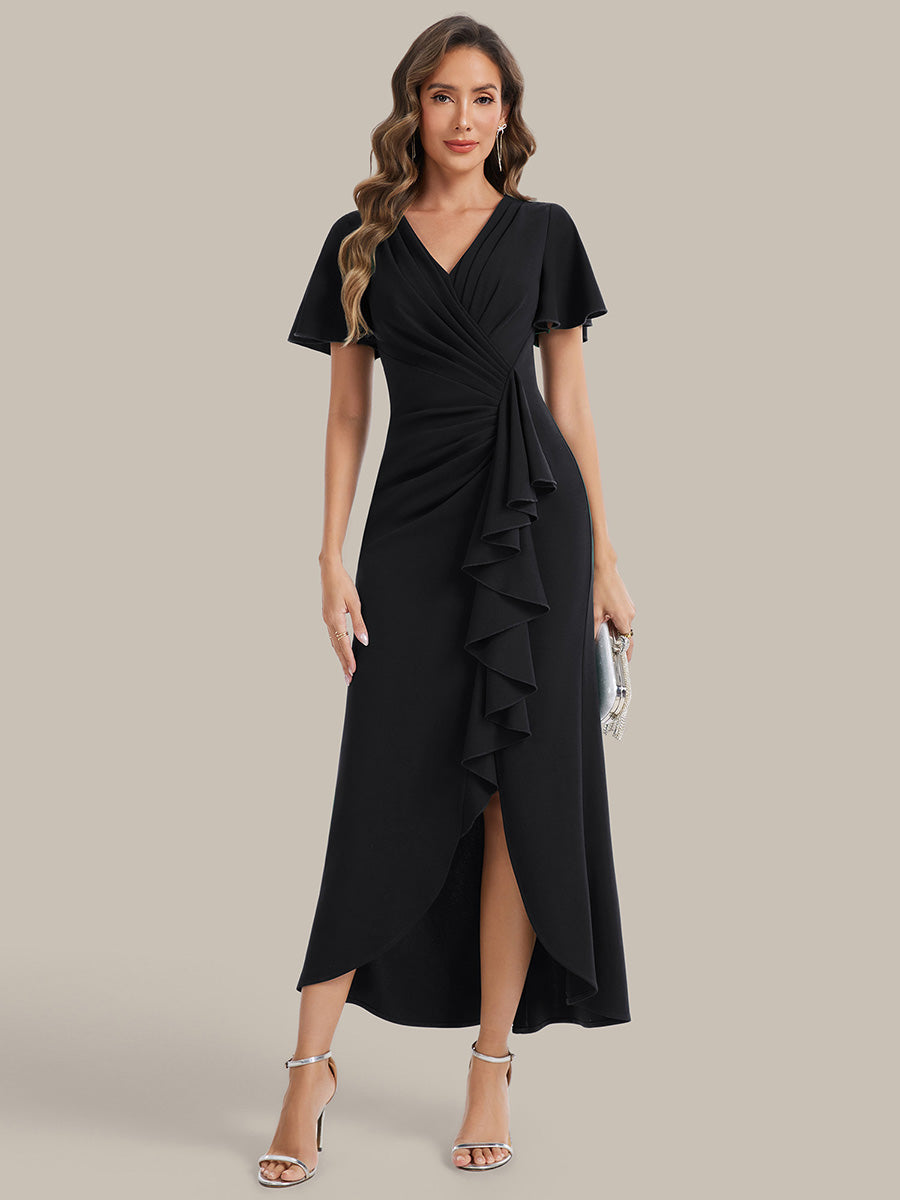 Color=Black | Fast Delivery Short Sleeve Ruffle Deep V-Neck Bodycon High-Low Wedding Guest Dresses-Black 5