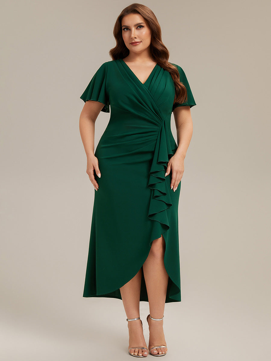 Color=Dark Green | Volume Discounts Short Sleeve Ruffle Deep V-Neck Bodycon Maxi Wedding Guest Dresses-Dark Green 16