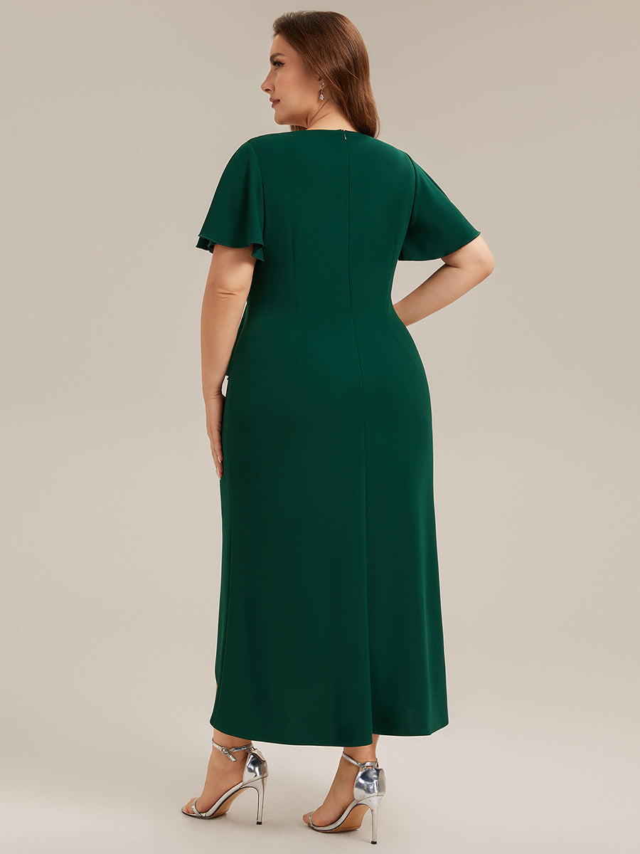Color=Dark Green | Volume Discounts Short Sleeve Ruffle Deep V-Neck Bodycon Maxi Wedding Guest Dresses-Dark Green 17