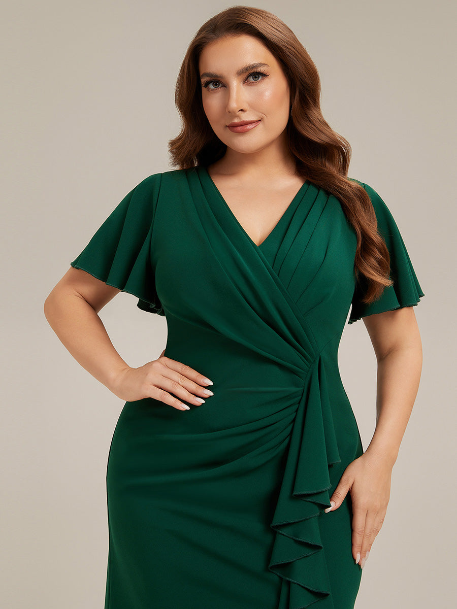 Color=Dark Green | Volume Discounts Short Sleeve Ruffle Deep V-Neck Bodycon Maxi Wedding Guest Dresses-Dark Green 18