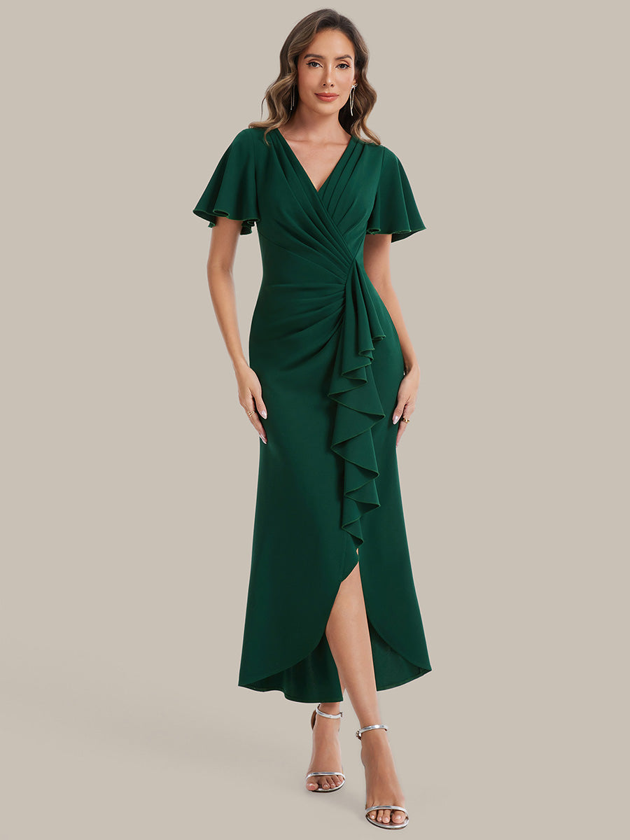 Color=Dark Green | Volume Discounts Short Sleeve Ruffle Deep V-Neck Bodycon Maxi Wedding Guest Dresses-Dark Green 11