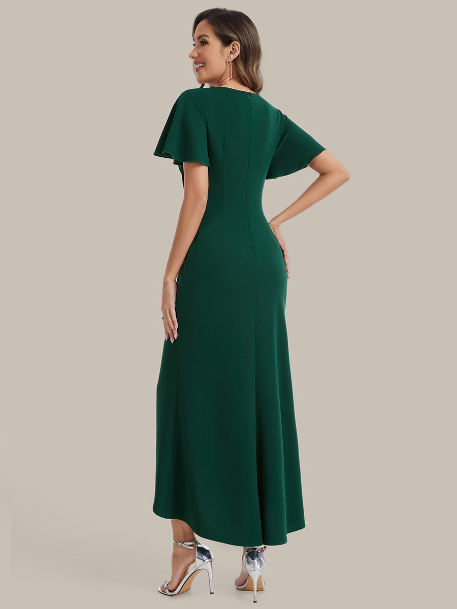 Color=Dark Green | Volume Discounts Short Sleeve Ruffle Deep V-Neck Bodycon Maxi Wedding Guest Dresses-Dark Green 12