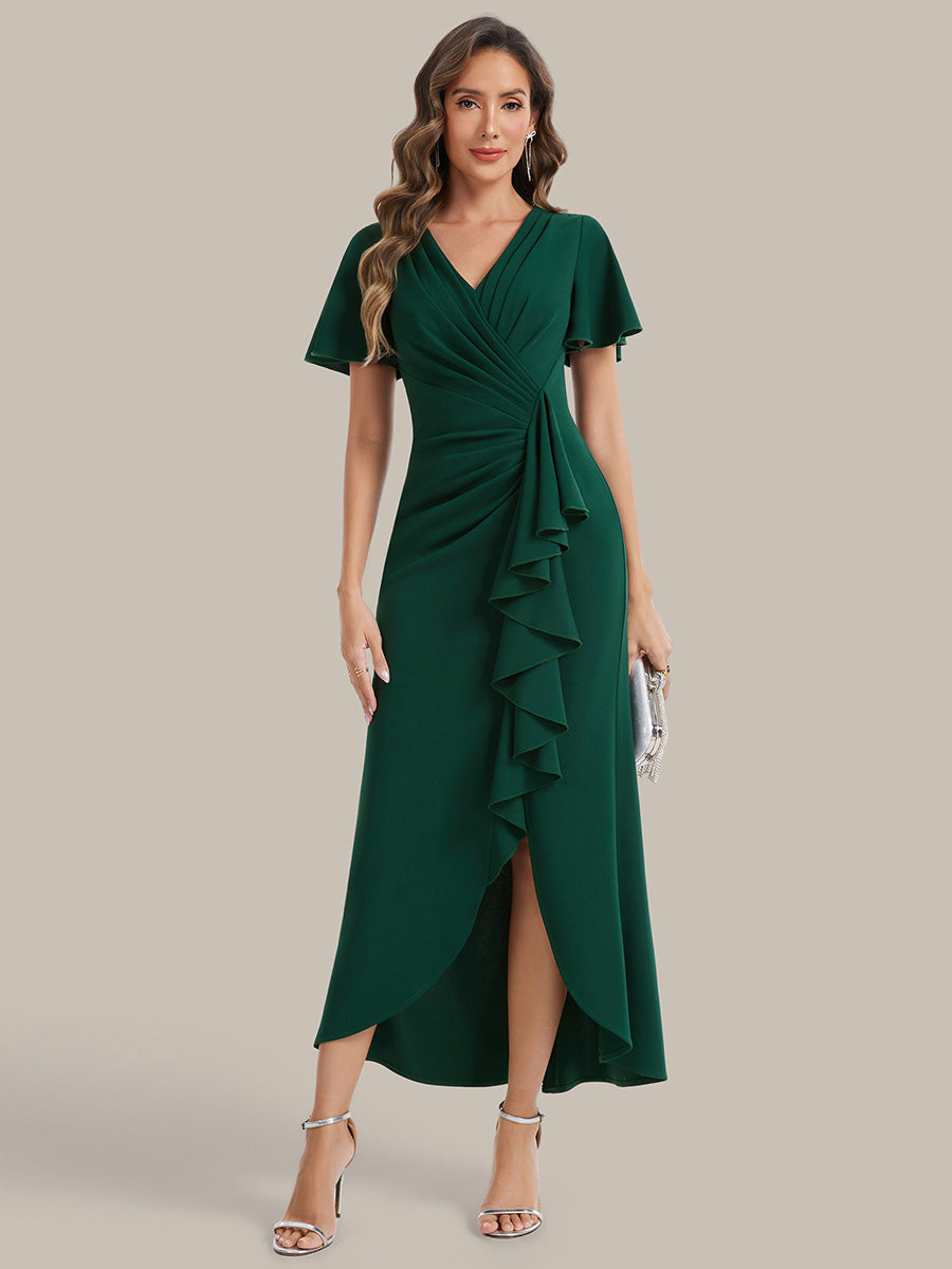 Color=Dark Green | Volume Discounts Short Sleeve Ruffle Deep V-Neck Bodycon Maxi Wedding Guest Dresses-Dark Green 15