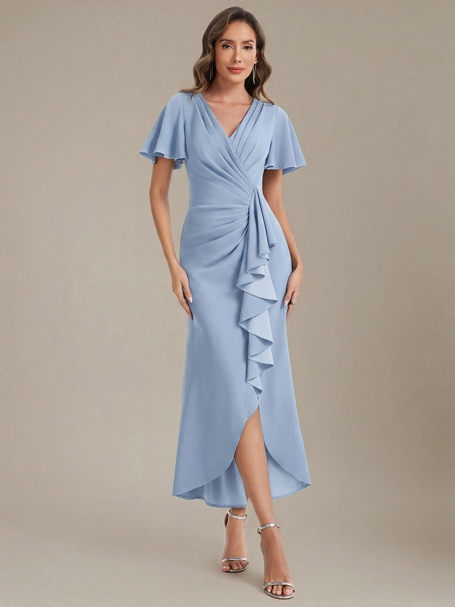 Color=Ice Blue | Volume Discounts Short Sleeve Ruffle Deep V-Neck Bodycon Maxi Wedding Guest Dresses-Ice Blue 1