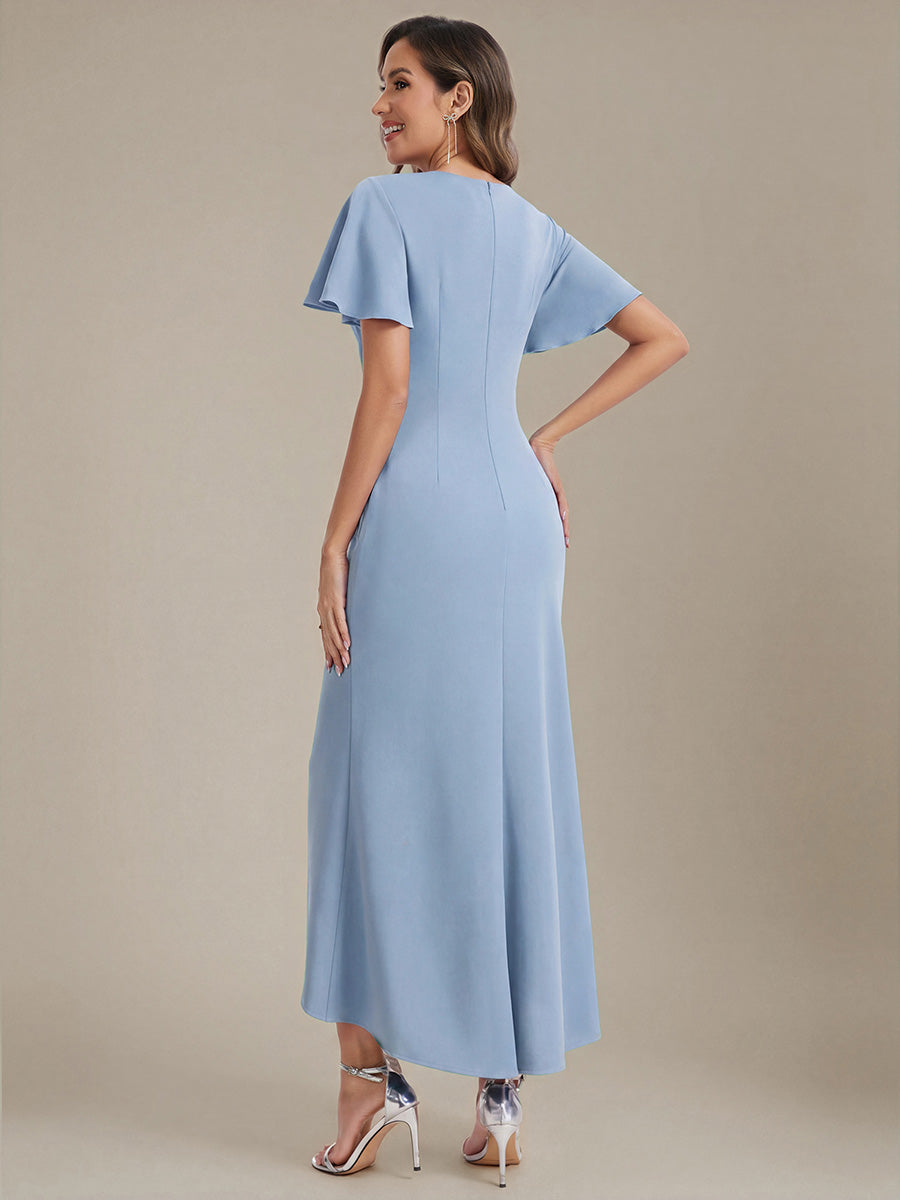 Color=Ice Blue | Volume Discounts Short Sleeve Ruffle Deep V-Neck Bodycon Maxi Wedding Guest Dresses-Ice Blue 2