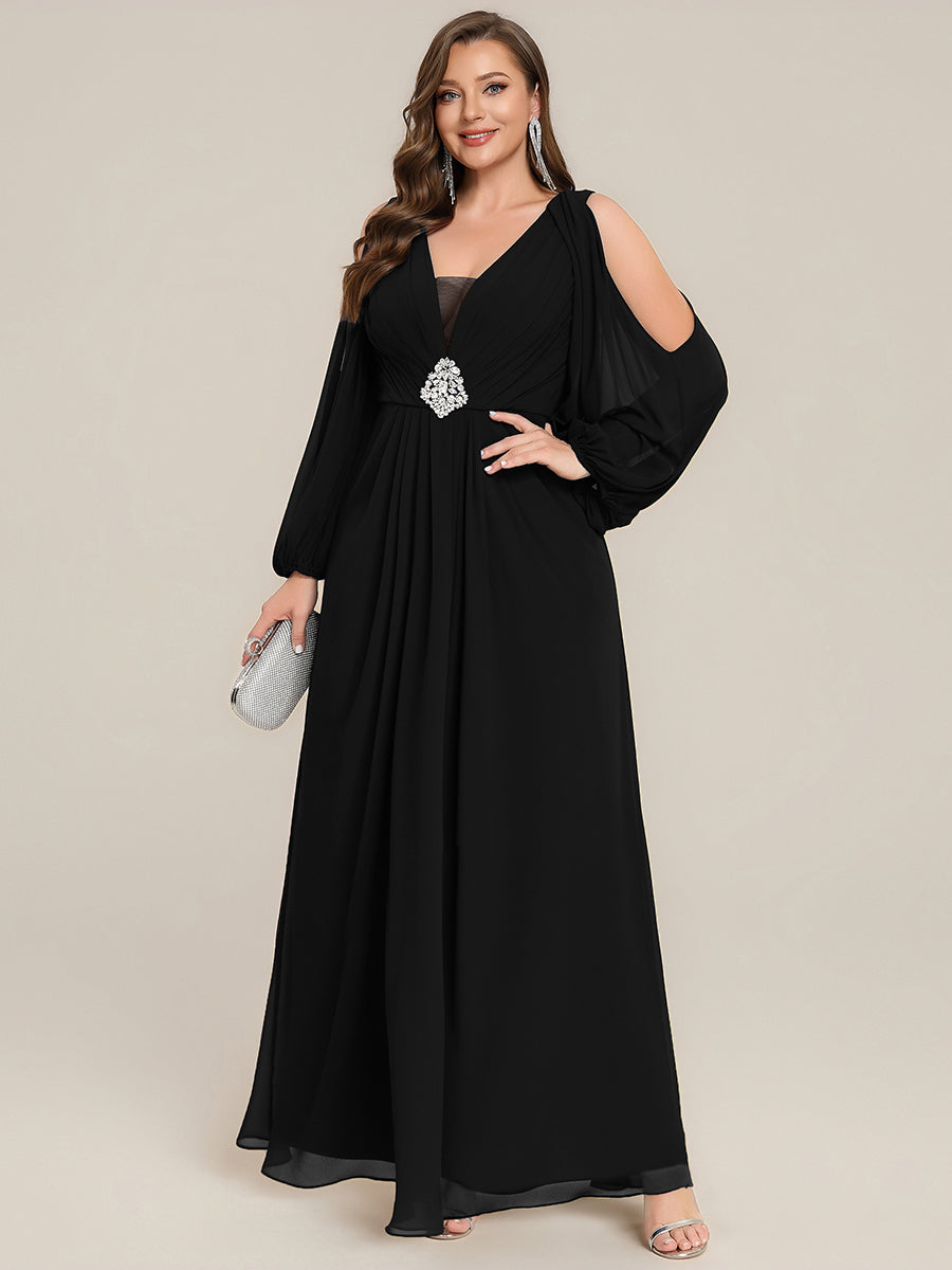 Color=Black | Volume Discounts Long Sleeve Lantern Sleeve A-Line Floor Length V-Neck Wedding Guest Dresses-Black 6