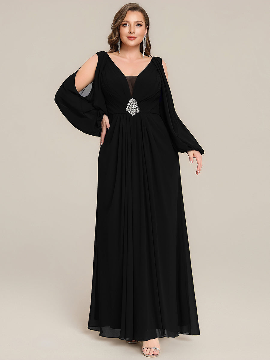 Color=Black | Volume Discounts Long Sleeve Lantern Sleeve A-Line Floor Length V-Neck Wedding Guest Dresses-Black 10