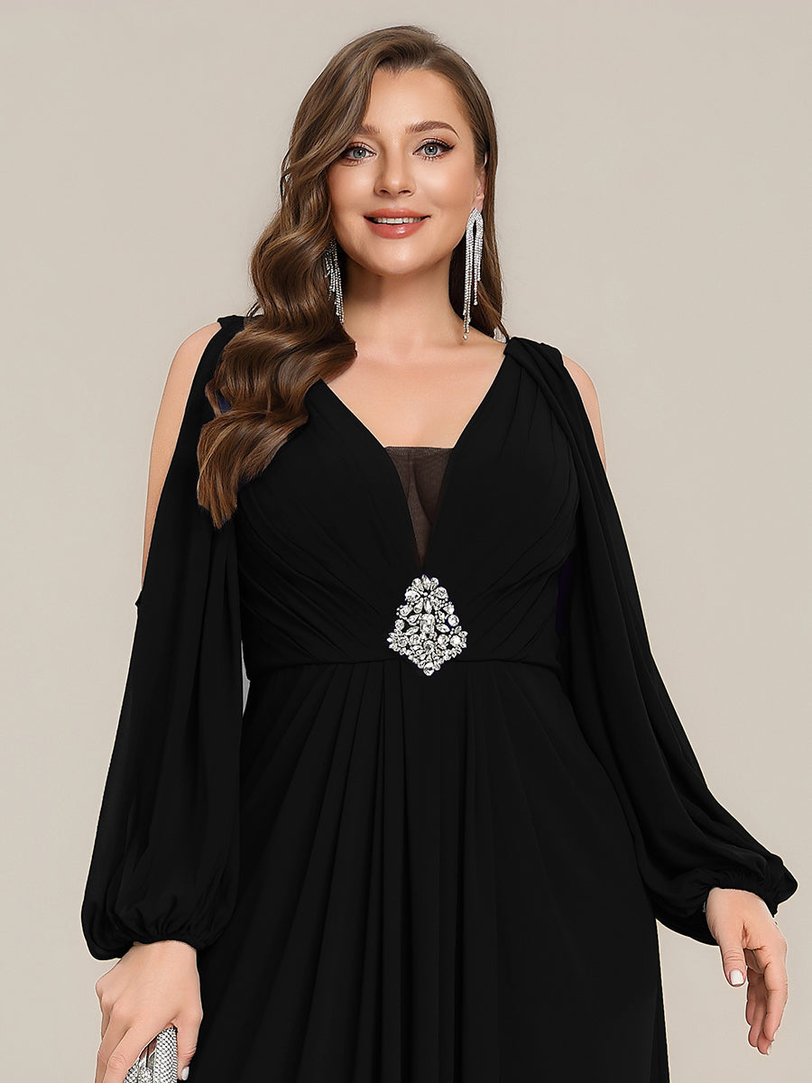 Color=Black | Volume Discounts Long Sleeve Lantern Sleeve A-Line Floor Length V-Neck Wedding Guest Dresses-Black 8