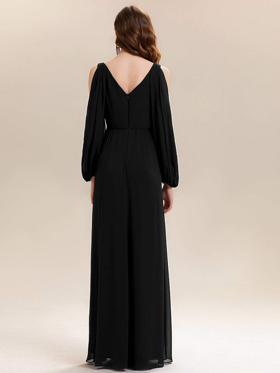Color=Black | Volume Discounts Long Sleeve Lantern Sleeve A-Line Floor Length V-Neck Wedding Guest Dresses-Black 2