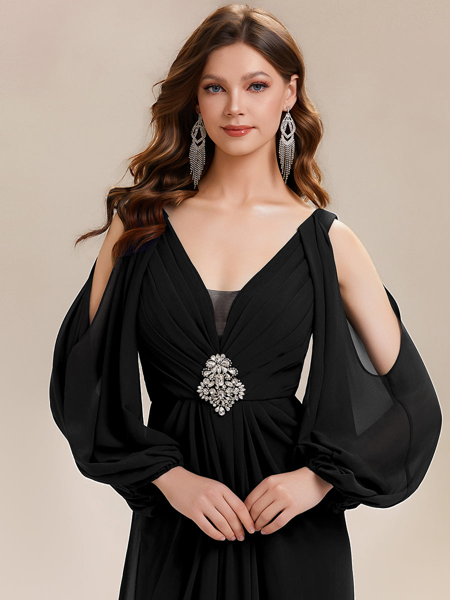 Color=Black | Volume Discounts Long Sleeve Lantern Sleeve A-Line Floor Length V-Neck Wedding Guest Dresses-Black 3