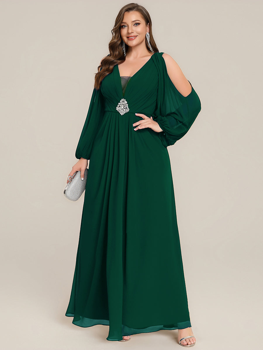 Color=Dark Green | Volume Discounts Long Sleeve Lantern Sleeve A-Line Floor Length V-Neck Wedding Guest Dresses-Dark Green 16