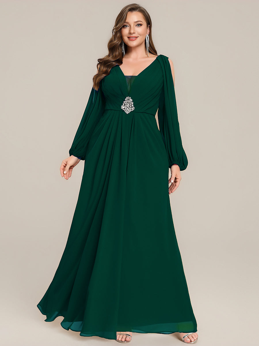 Color=Dark Green | Volume Discounts Long Sleeve Lantern Sleeve A-Line Floor Length V-Neck Wedding Guest Dresses-Dark Green 19