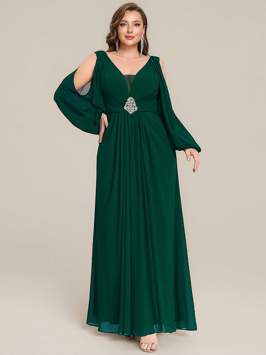 Color=Dark Green | Volume Discounts Long Sleeve Lantern Sleeve A-Line Floor Length V-Neck Wedding Guest Dresses-Dark Green 20
