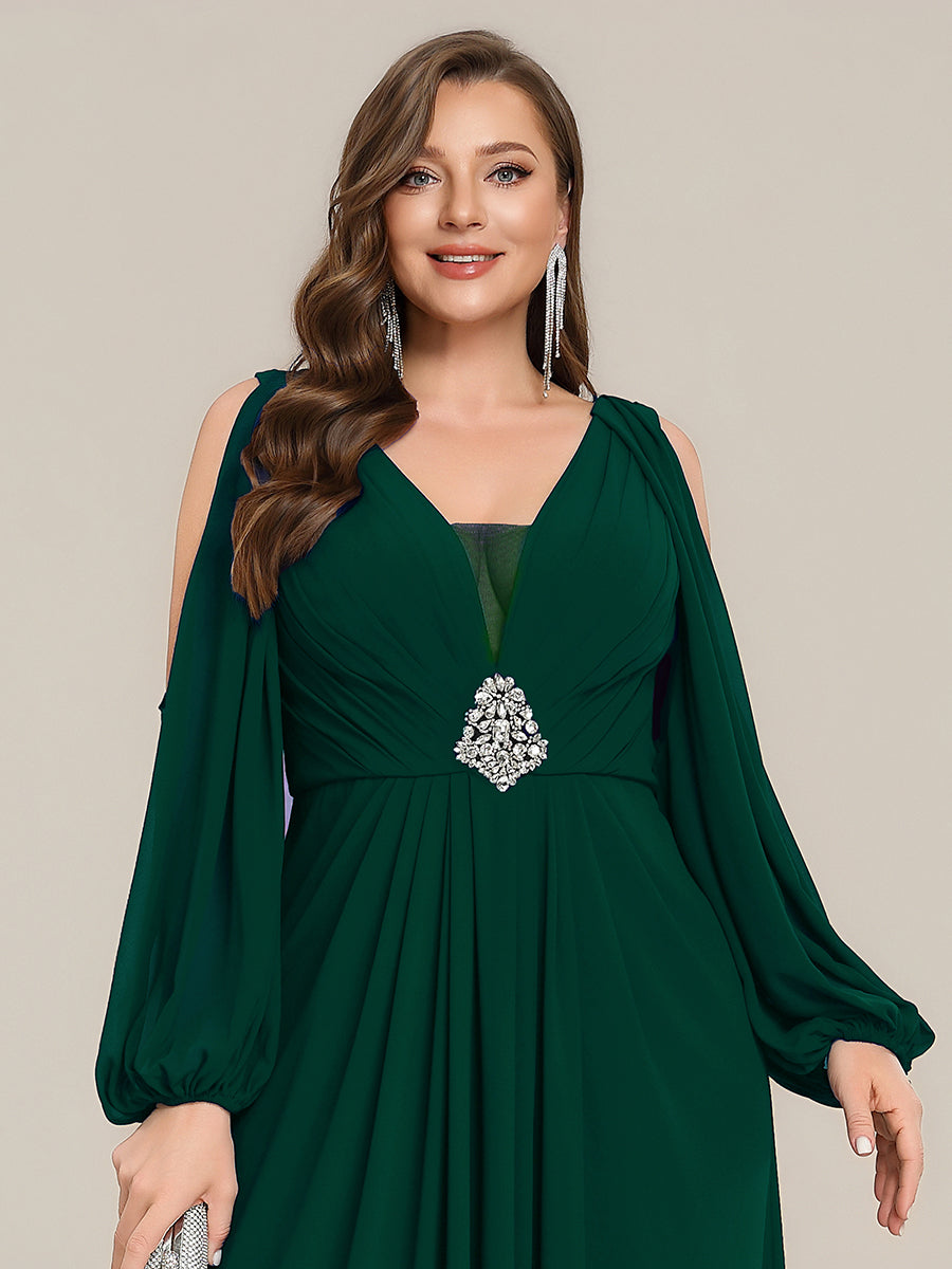 Color=Dark Green | Volume Discounts Long Sleeve Lantern Sleeve A-Line Floor Length V-Neck Wedding Guest Dresses-Dark Green 18