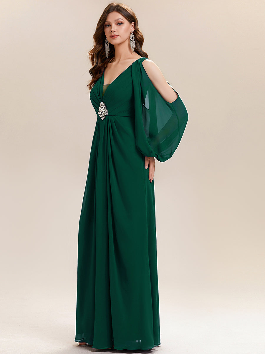 Color=Dark Green | Volume Discounts Long Sleeve Lantern Sleeve A-Line Floor Length V-Neck Wedding Guest Dresses-Dark Green 14