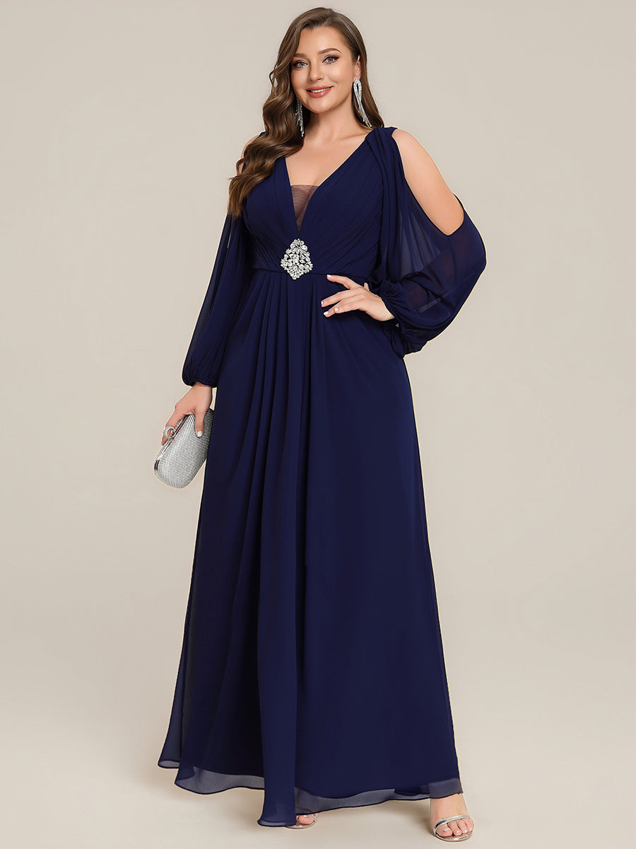 Color=Navy Blue | Volume Discounts Long Sleeve Lantern Sleeve A-Line Floor Length V-Neck Wedding Guest Dresses-Navy Blue 26
