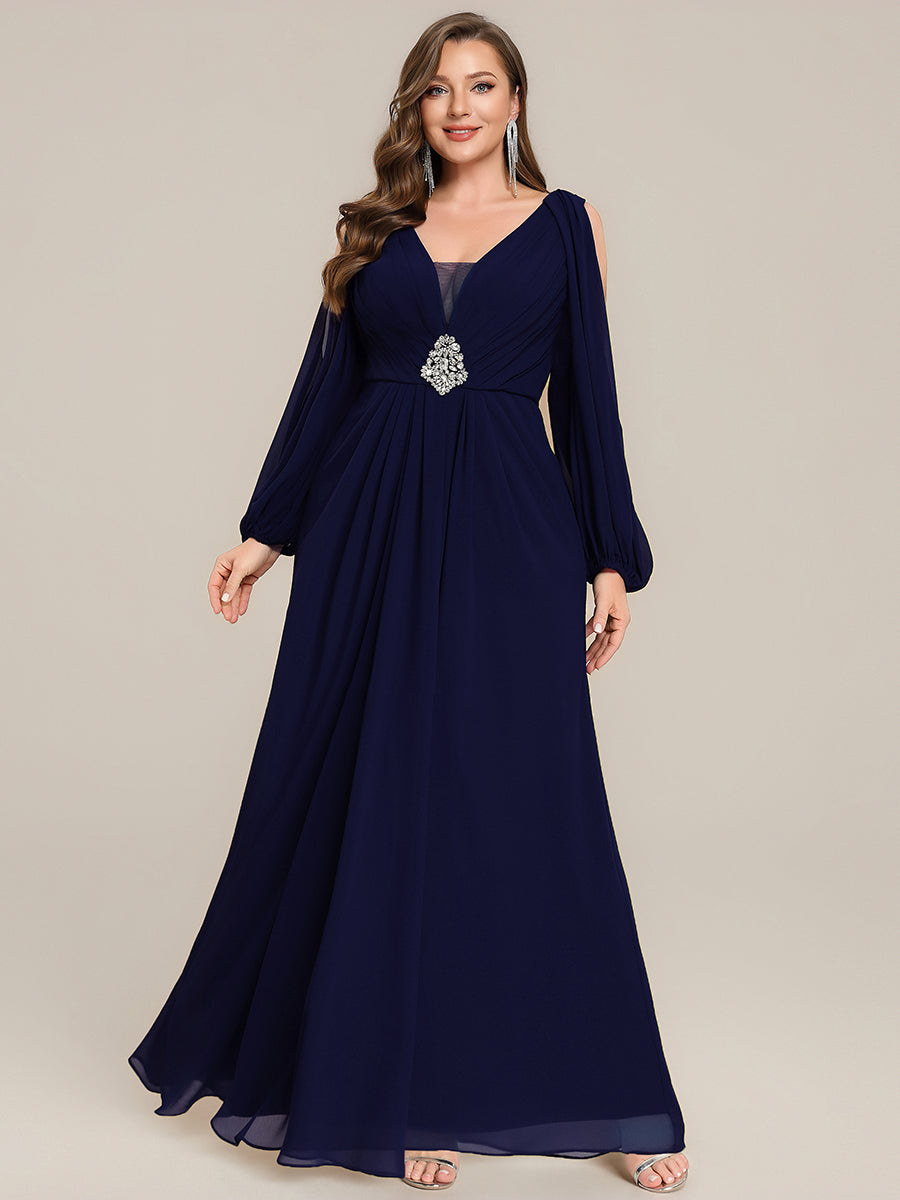 Color=Navy Blue | Volume Discounts Long Sleeve Lantern Sleeve A-Line Floor Length V-Neck Wedding Guest Dresses-Navy Blue 29