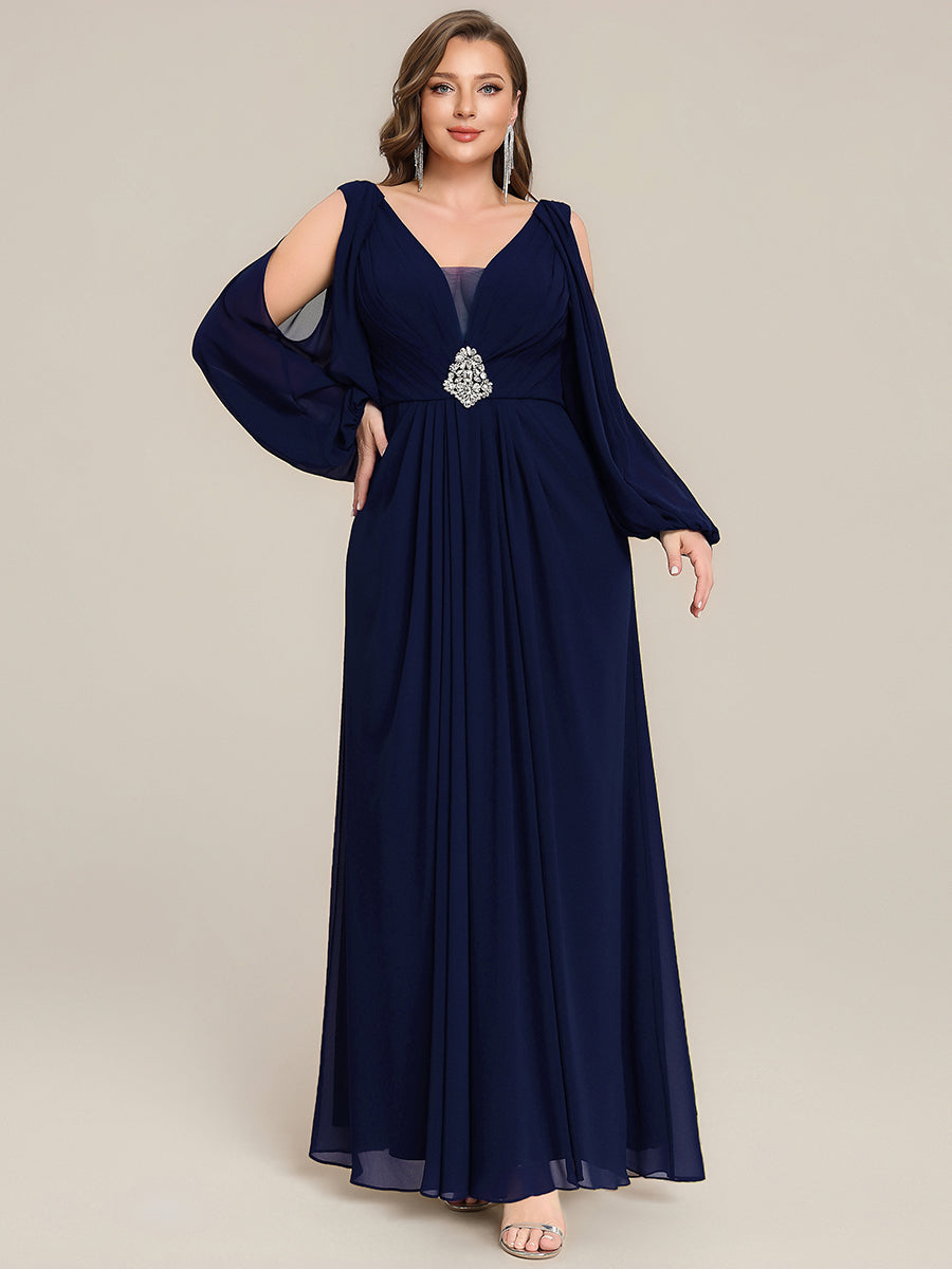 Color=Navy Blue | Volume Discounts Long Sleeve Lantern Sleeve A-Line Floor Length V-Neck Wedding Guest Dresses-Navy Blue 30