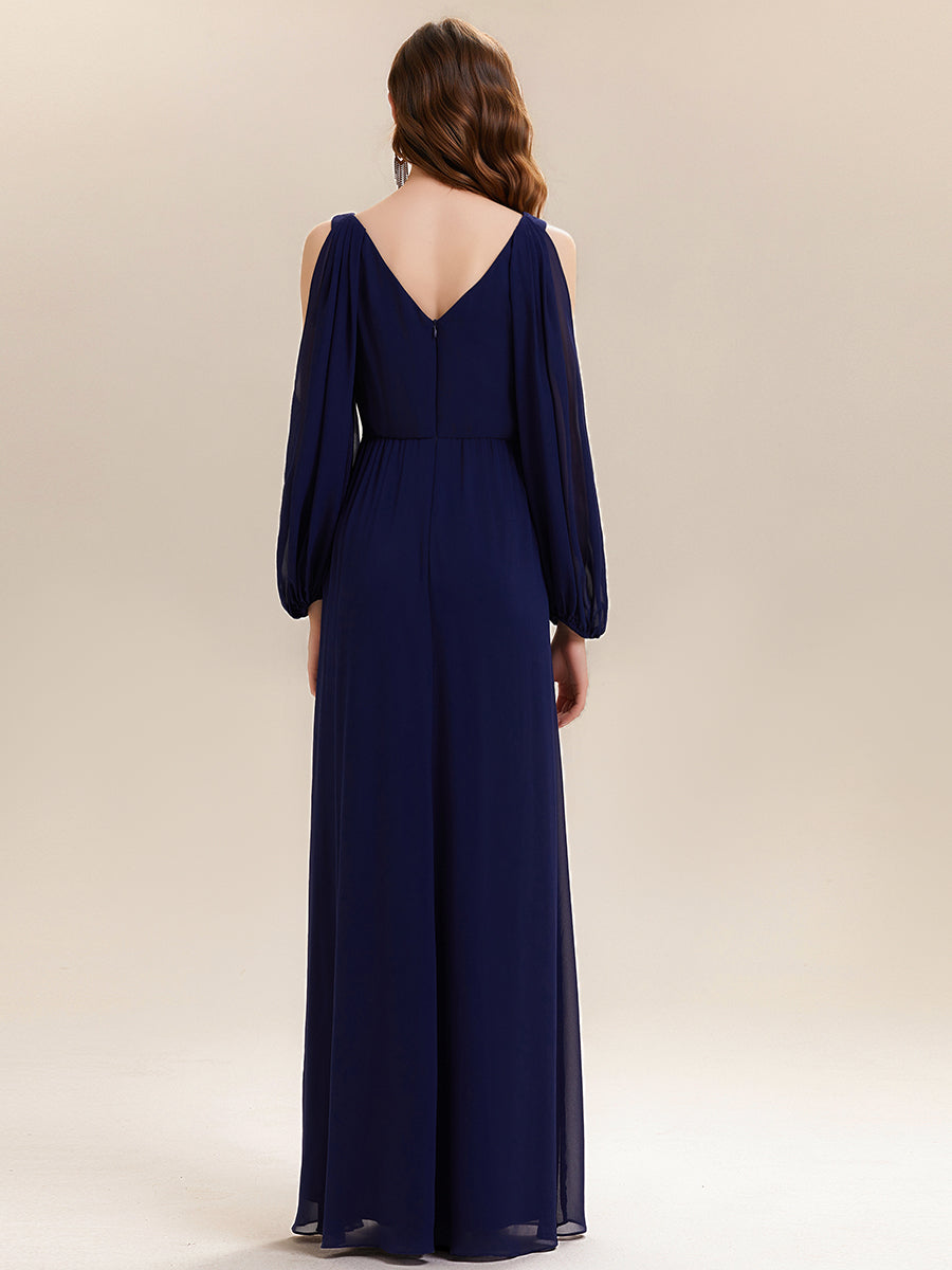 Color=Navy Blue | Volume Discounts Long Sleeve Lantern Sleeve A-Line Floor Length V-Neck Wedding Guest Dresses-Navy Blue 22