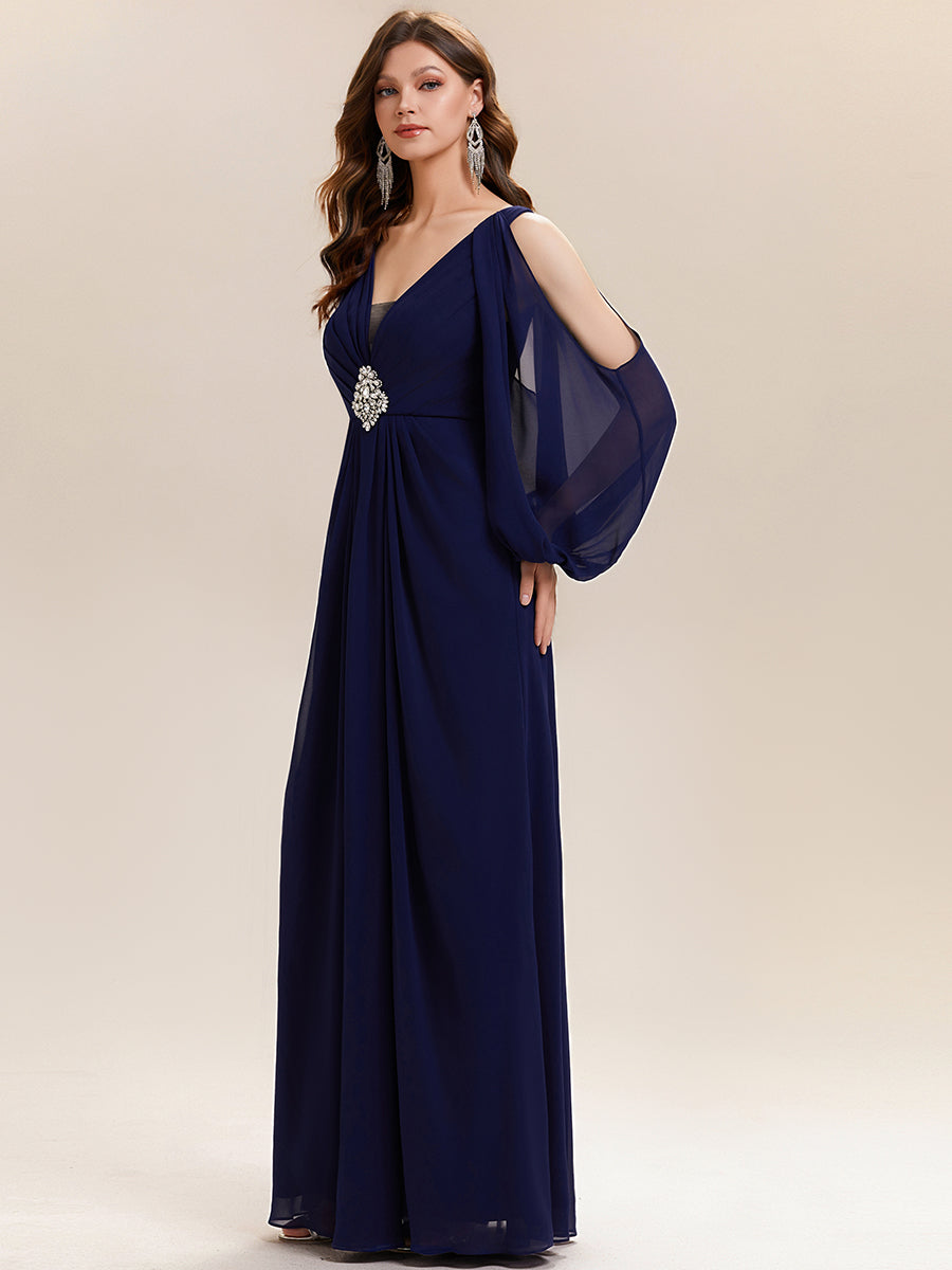 Color=Navy Blue | Volume Discounts Long Sleeve Lantern Sleeve A-Line Floor Length V-Neck Wedding Guest Dresses-Navy Blue 24