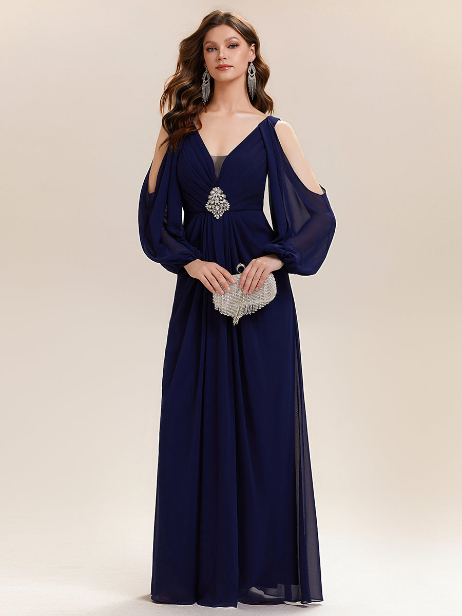 Color=Navy Blue | Volume Discounts Long Sleeve Lantern Sleeve A-Line Floor Length V-Neck Wedding Guest Dresses-Navy Blue 25