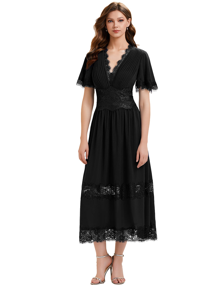 Color=Black | Bulk Order Short Sleeve Ruffle Pleated Deep V-Neck A-Line Midi Wedding Guest Dresses-Black 2