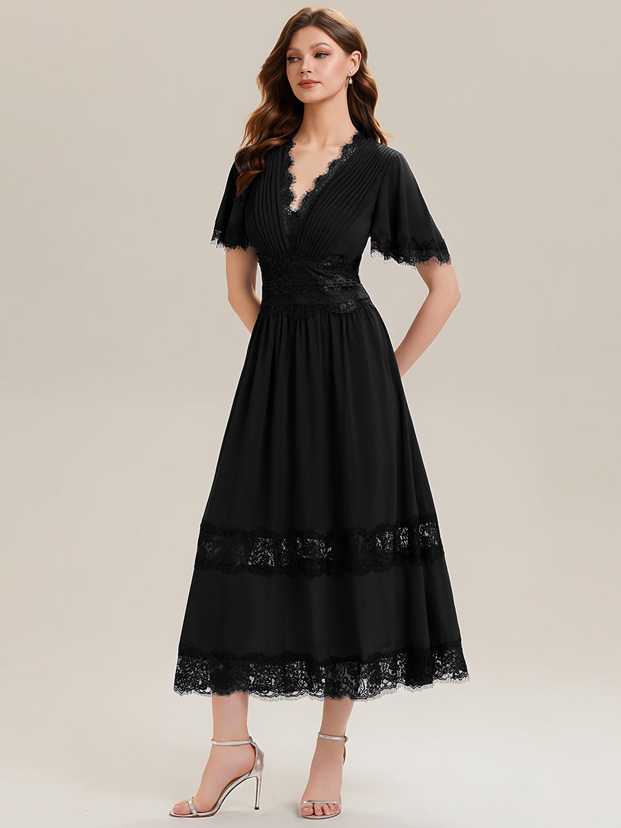 Color=Black | Bulk Order Short Sleeve Ruffle Pleated Deep V-Neck A-Line Midi Wedding Guest Dresses-Black 5