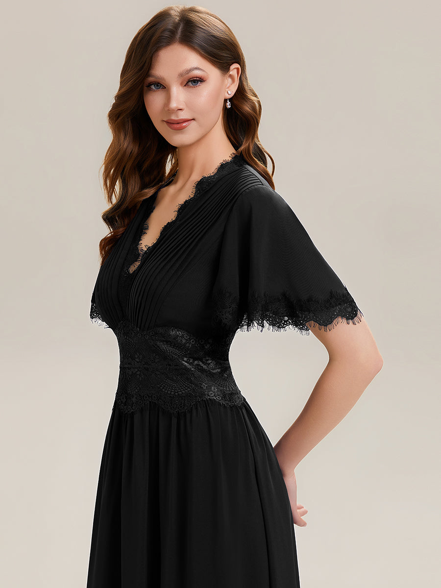 Color=Black | Bulk Order Short Sleeve Ruffle Pleated Deep V-Neck A-Line Midi Wedding Guest Dresses-Black 6