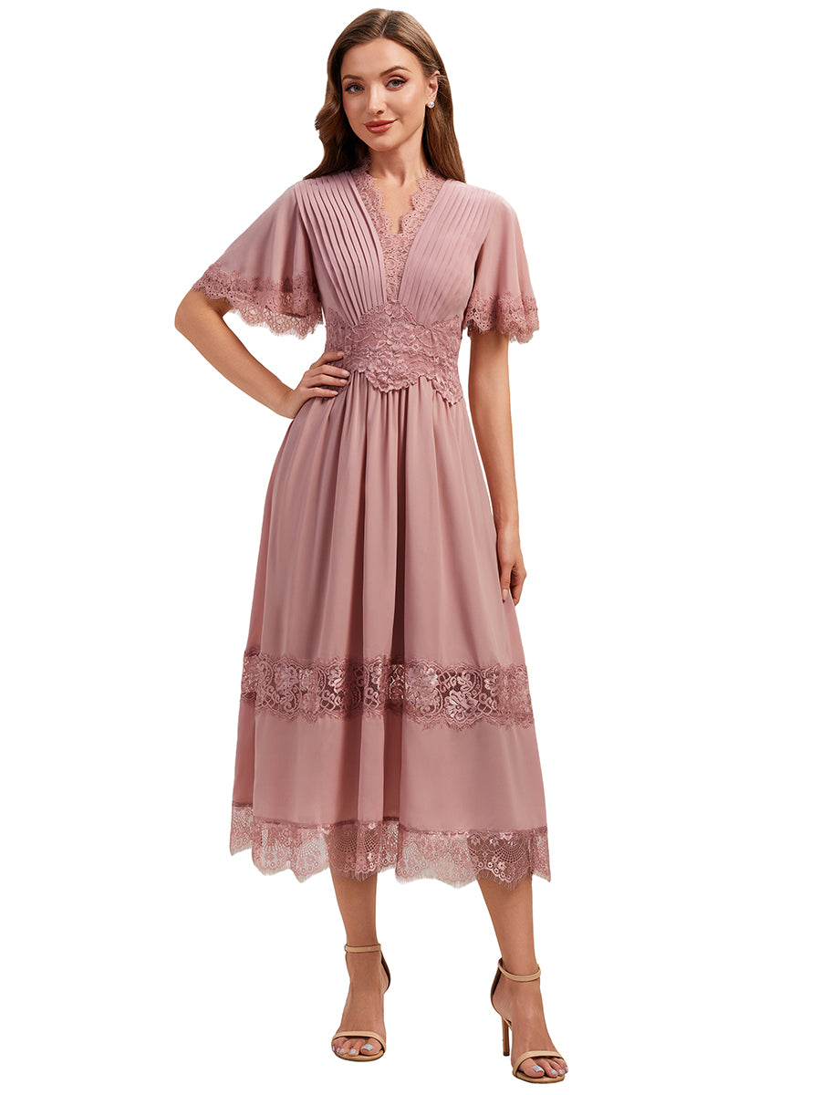 Color=Dusty Rose | Bulk Order Short Sleeve Ruffle Pleated Deep V-Neck A-Line Midi Wedding Guest Dresses-Dusty Rose 2