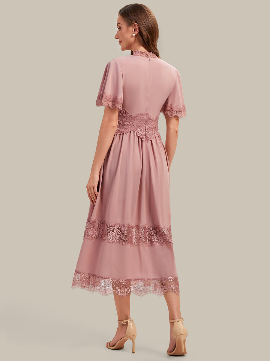 Color=Dusty Rose | Bulk Order Short Sleeve Ruffle Pleated Deep V-Neck A-Line Midi Wedding Guest Dresses-Dusty Rose 3