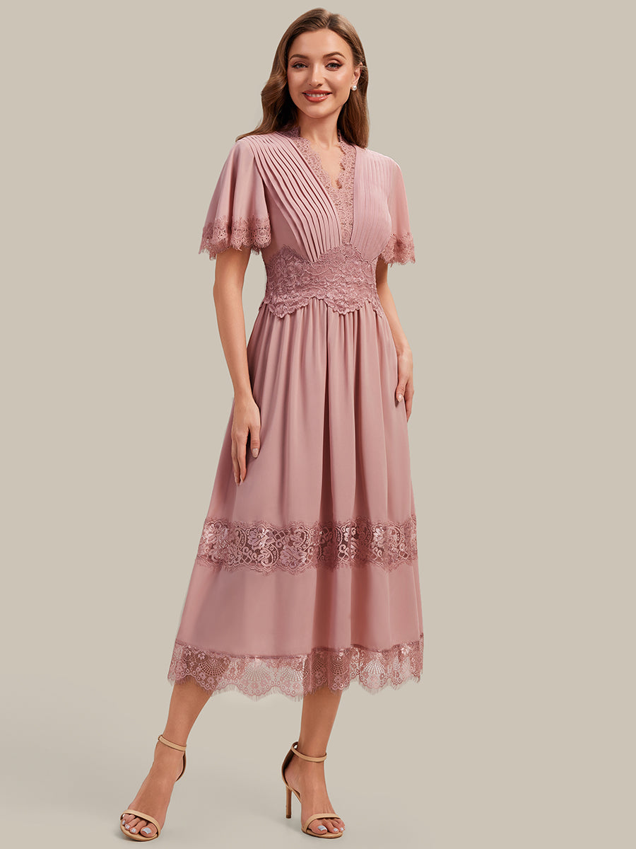 Color=Dusty Rose | Bulk Order Short Sleeve Ruffle Pleated Deep V-Neck A-Line Midi Wedding Guest Dresses-Dusty Rose 5