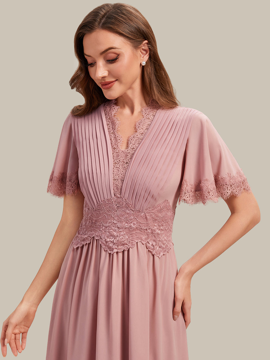 Color=Dusty Rose | Bulk Order Short Sleeve Ruffle Pleated Deep V-Neck A-Line Midi Wedding Guest Dresses-Dusty Rose 6