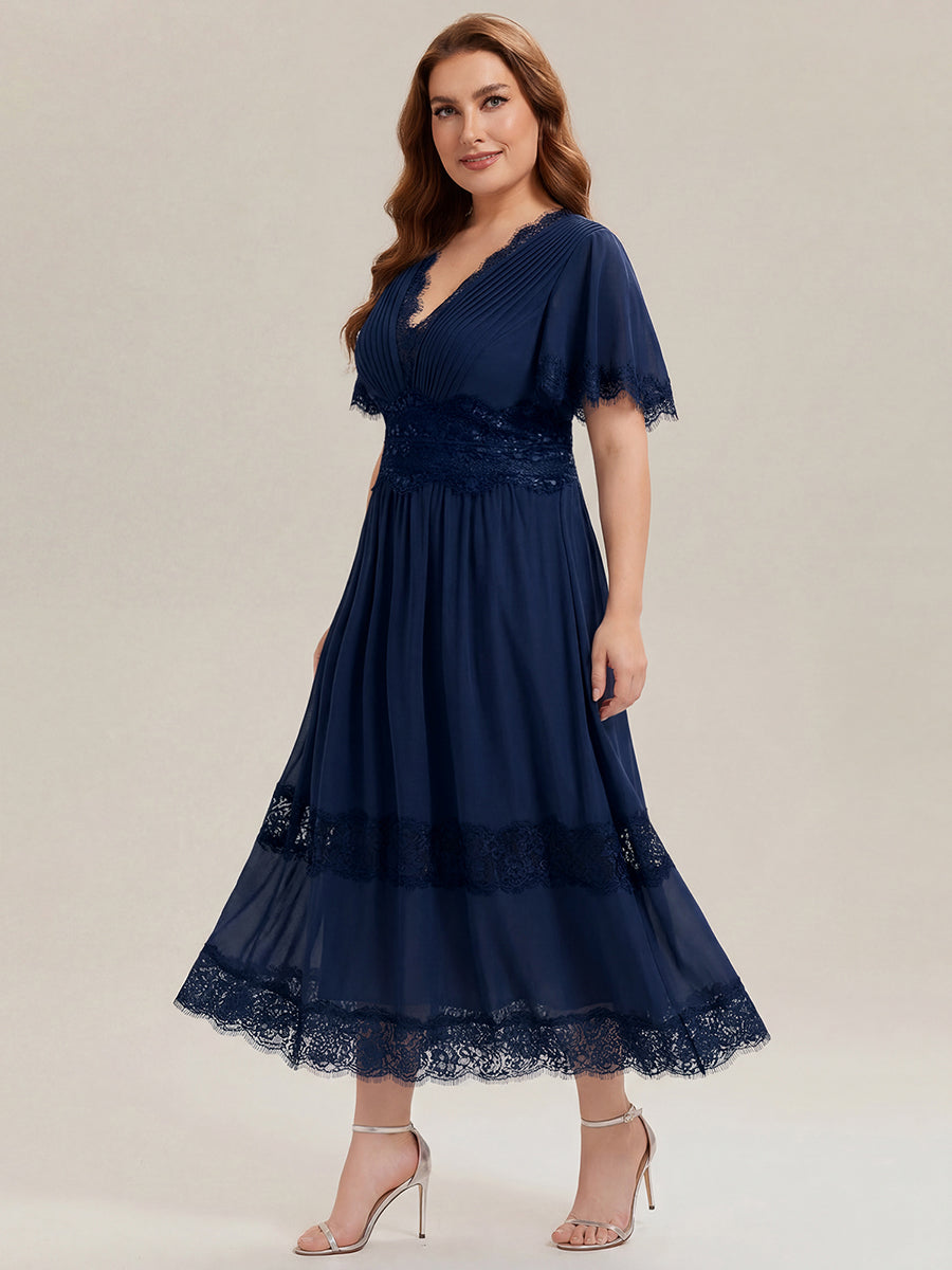 Color=Navy Blue | Bulk Order Short Sleeve Ruffle Pleated Deep V-Neck A-Line Midi Wedding Guest Dresses-Navy Blue 9
