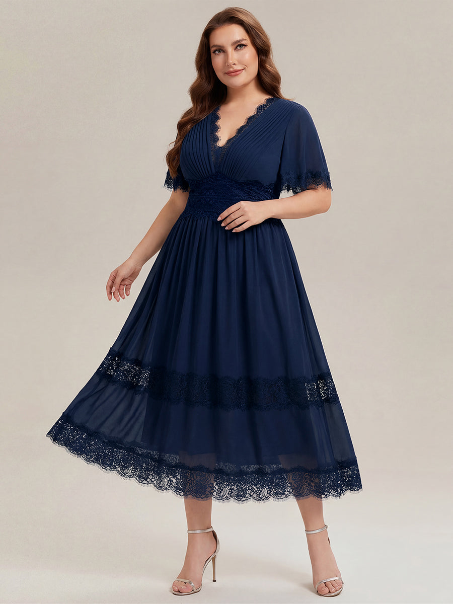 Color=Navy Blue | Bulk Order Short Sleeve Ruffle Pleated Deep V-Neck A-Line Midi Wedding Guest Dresses-Navy Blue 10
